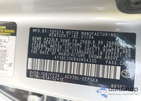 2004 Toyota Camry Se from USA, damaged, VIN 4T1BE32K84U854335